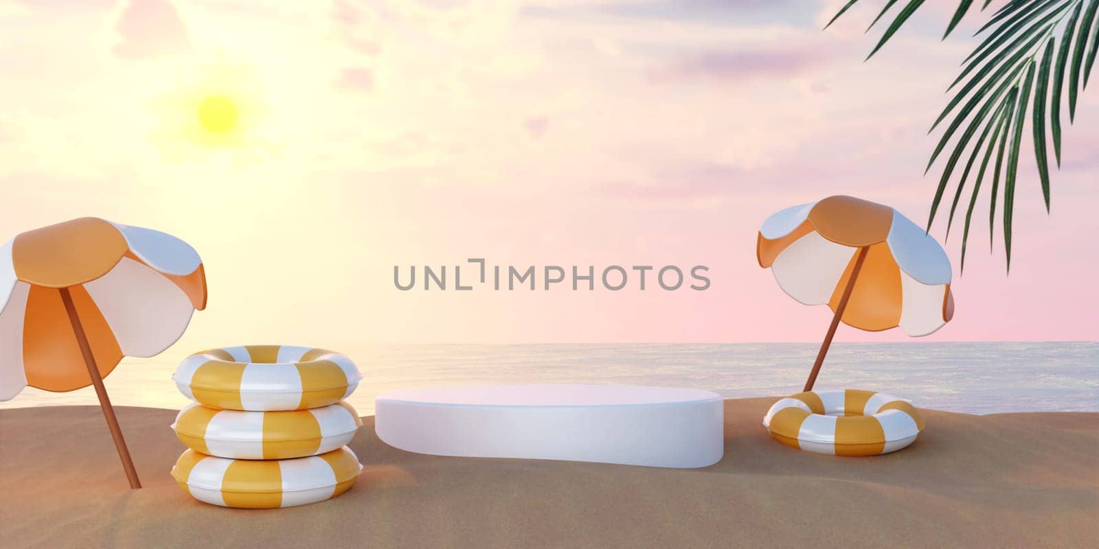 cylinder stage podium empty with summer beach background and swimming ring, palm leaf, concept of summer. 3d illustration or 3d render.