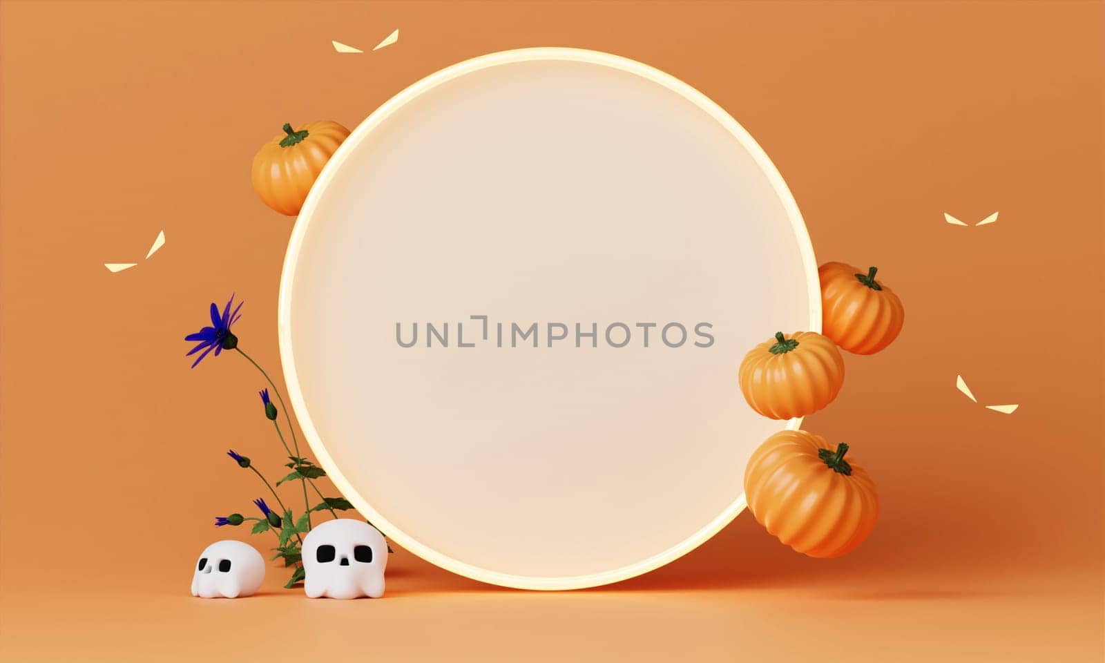 Halloween with pumpkin and empty minimal podium pedestal product display background and Halloween Elements. 3d render..