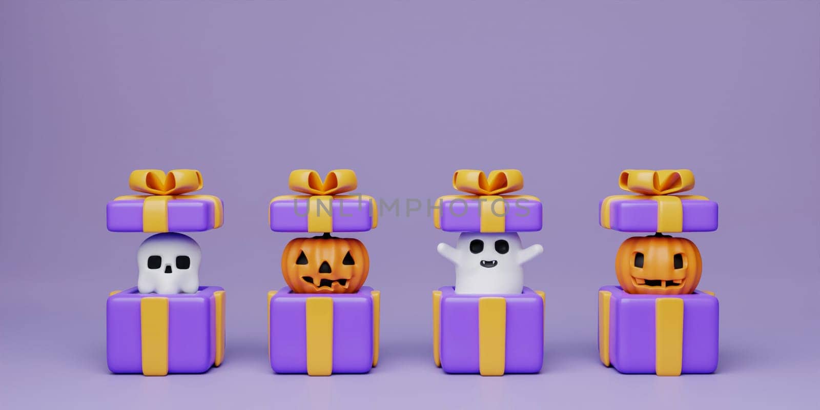 3d Happy Halloween gift. jumps from out surprise boxes on purple background with copy space. Creative Decor for poster, web banner, flyer, brochure. 3d render. by meepiangraphic