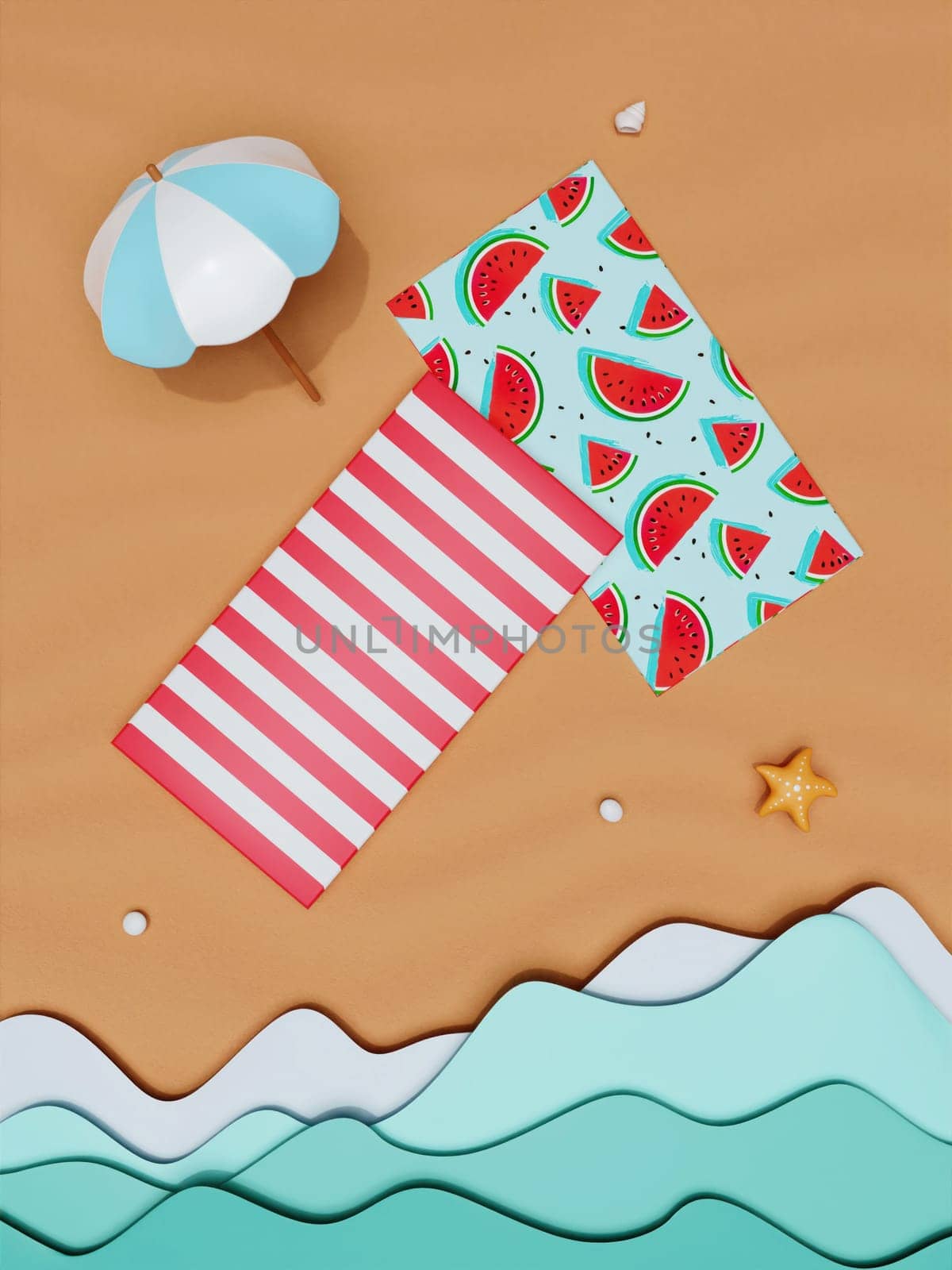 Flat lay summer vacation with beach towel, umbrella. summer vacation concept. illustration banner 3d rendering illustration.