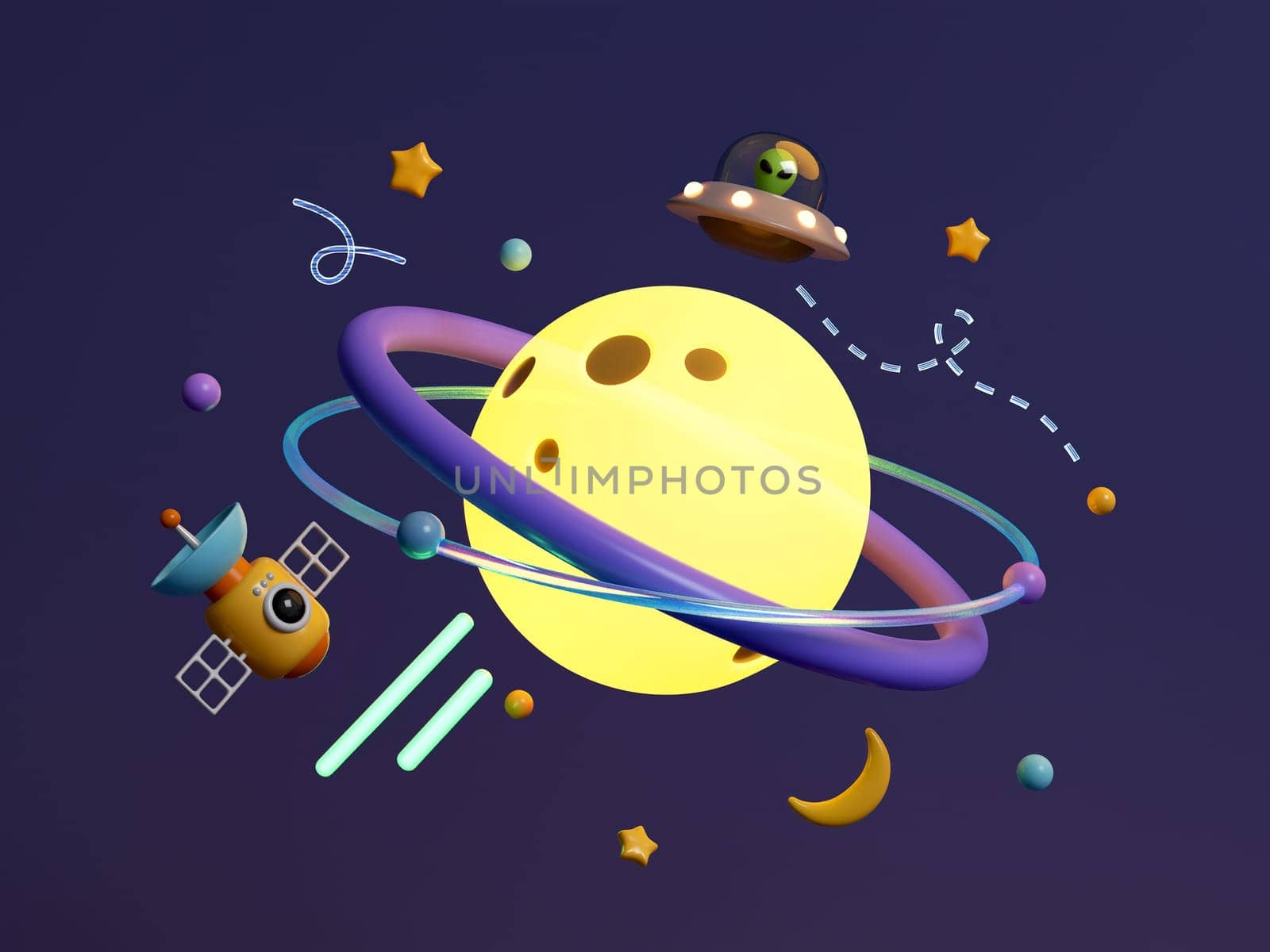 3d planet in starry sky with satellite dish and UFO. Abstract background Metaverse of futuristic design. 3d render illustration.