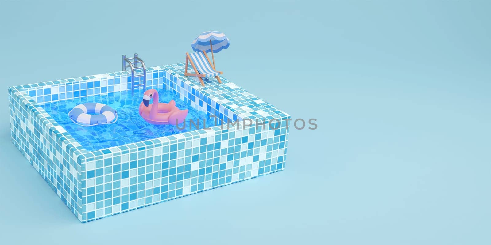 Swimming pool with lounge chairs, umbrella and Pink flamingo. Creative summer concept idea with copy space. illustration banner 3d rendering illustration.