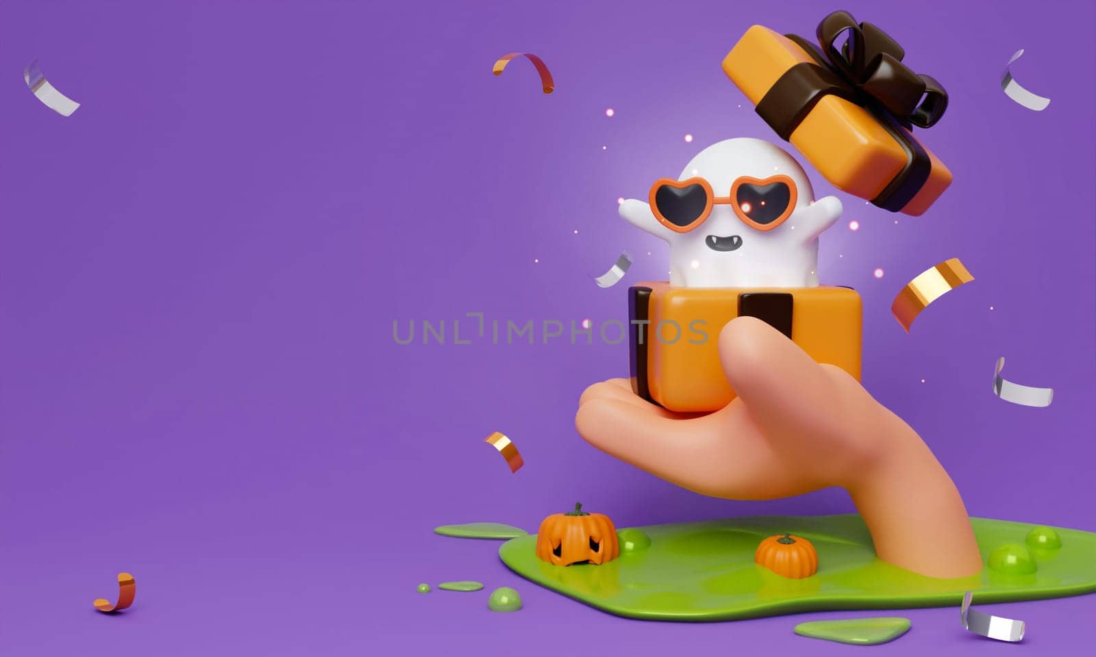 Happy Halloween Festiv. hand hold ghost emerges from a gift box with balloon and pumpkin on purple background. Holiday Hallows' Eve or Saints' Eve. copy space. 3d render..