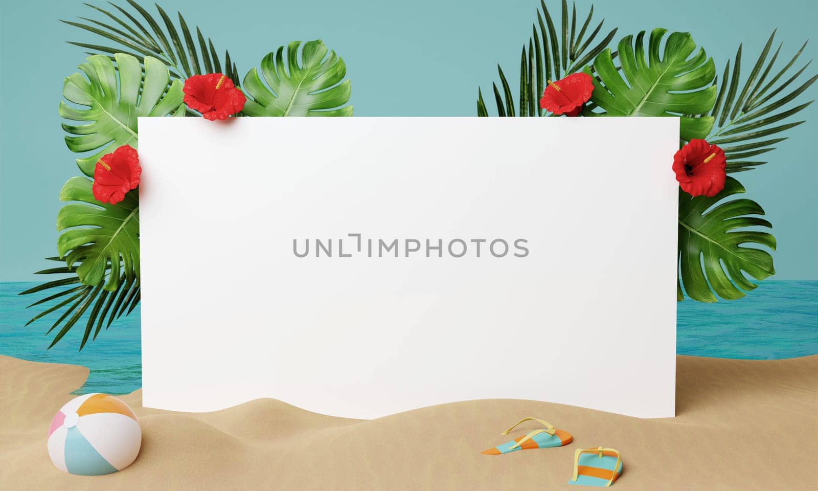Summer beach vacation. white frame Decorated with leaves and flowers with ball and sandals. Creative travel concept idea with copy space. illustration banner 3d rendering illustration.