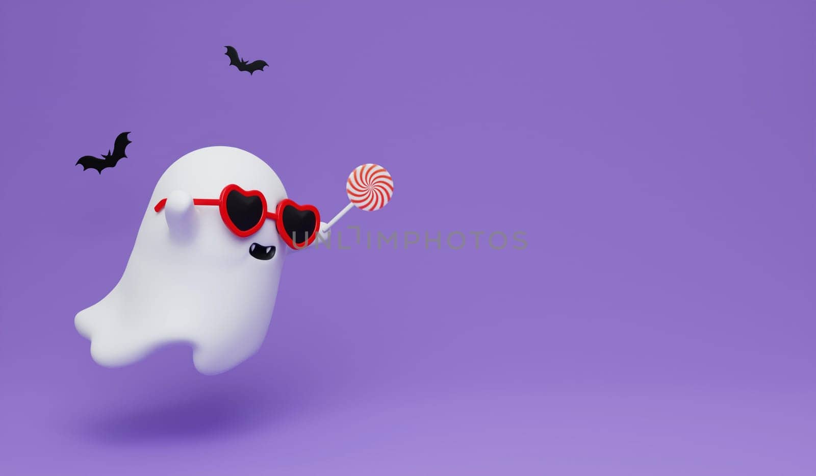 Happy Halloween Festive. Halloween white ghost cute smile face hold candy and bat on purple background . 3d cartoon style. Holiday Hallows' Eve or Saints' Eve. copy space. 3d render..