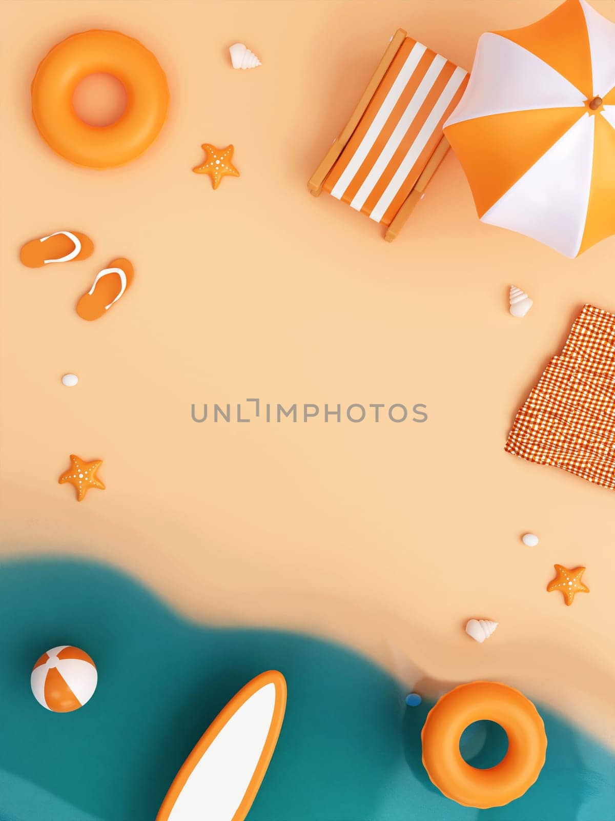 summer beach with beach accessories ready for summer vacation. summer vacation concept. Creative travel concept idea with copy space. illustration banner 3d rendering illustration.