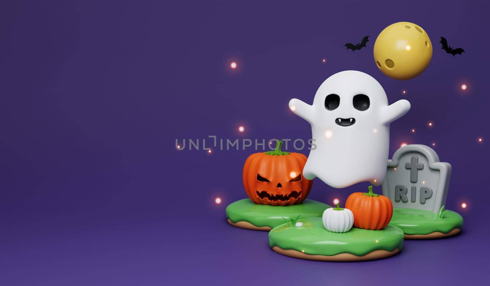 Happy Halloween Festive. Halloween white ghost cute smile face. 3d cartoon style. Holiday Hallows' Eve or Saints' Eve. copy space. 3d render..