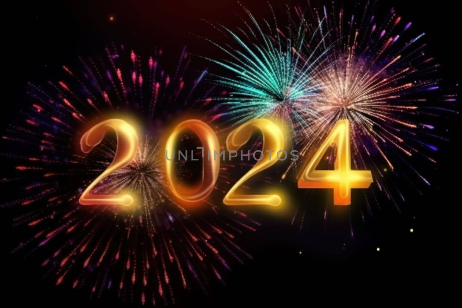 Brightly colored number 2024, happy new year on firework background. AI generative.