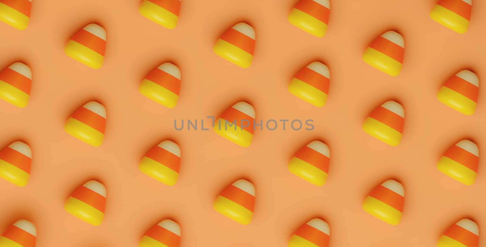 Halloween Candy Corn pattern on orange background. Holiday Hallows' Eve or Saints' Eve. copy space. 3d render..