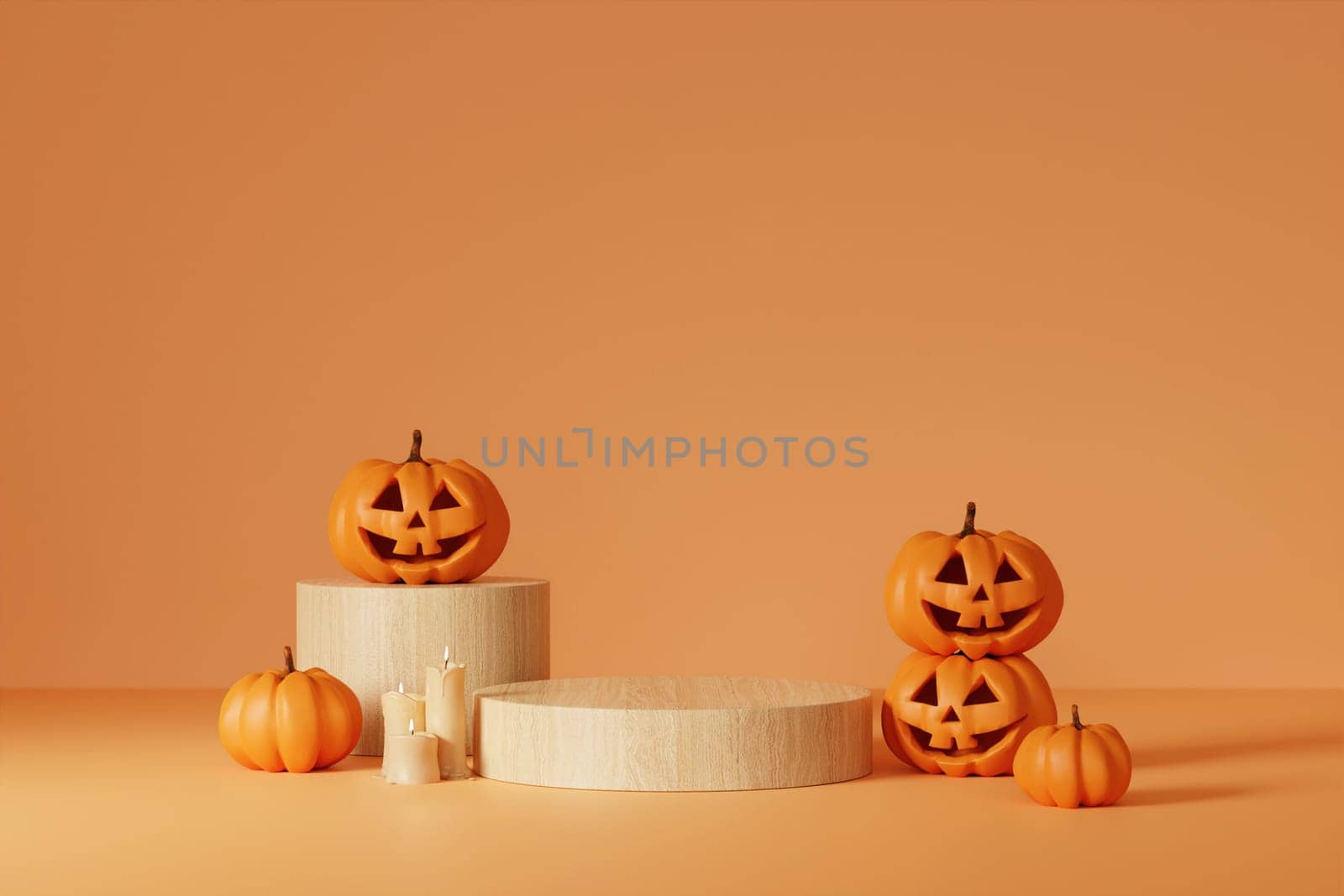 Halloween with pumpkin and empty minimal podium pedestal product display background and Halloween Elements. 3d render..