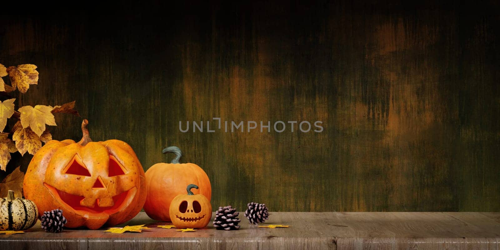 Pumpkins carved for Halloween. on the table in the home. Preparation for holiday. copy space. 3d render. by meepiangraphic