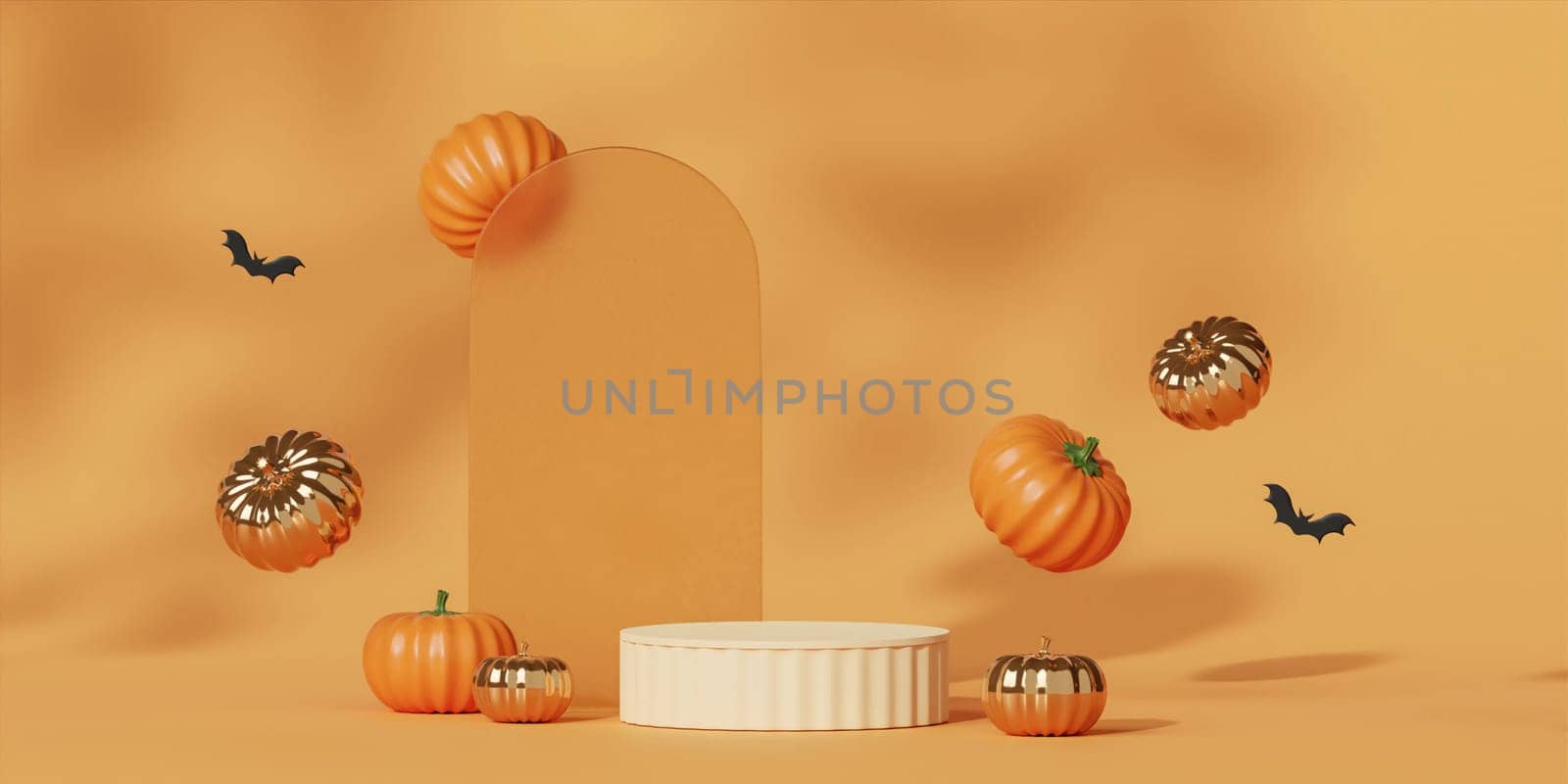 Halloween with pumpkin and empty minimal podium pedestal product display background and Halloween Elements. 3d render. by meepiangraphic