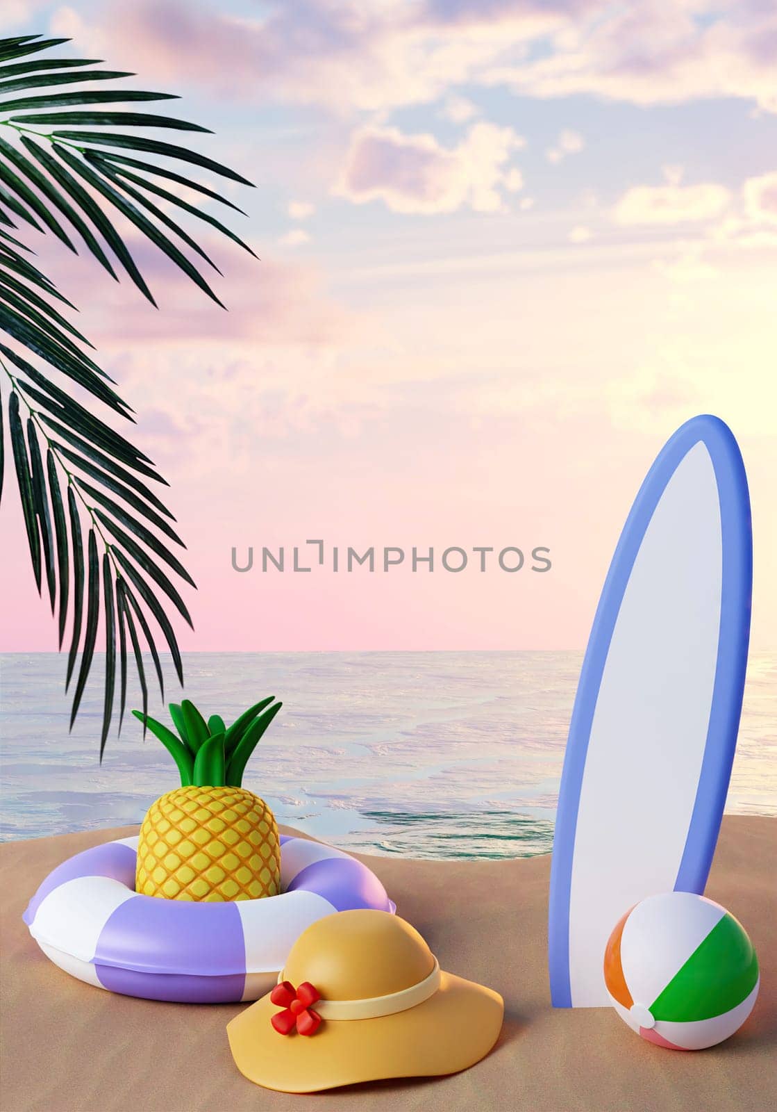 Summer beach vacation. surfboard and pineapple in swimming ring, hat, ball with palm leaf. Creative travel concept idea with copy space. 3d illustration banner. 3d rendering illustration by meepiangraphic