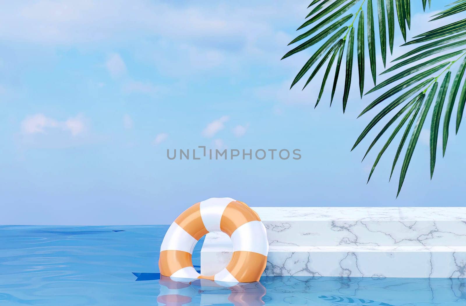 3d scene design for summer product display. Concrete stair podium with swimming ring beside water. Concept of summer. illustration banner 3d rendering illustration.