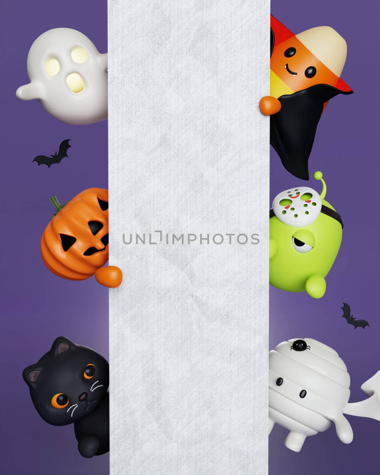 3d Halloween character with paper for text. Happy Halloween concept. Traditional october holiday. copy space. 3d render..