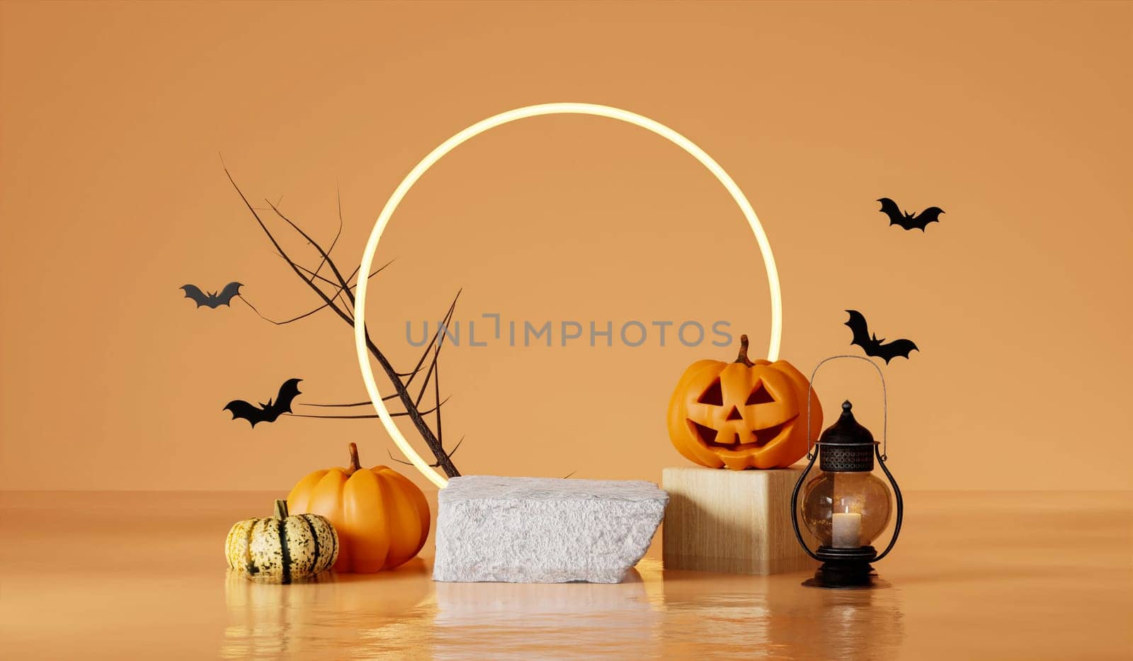 Halloween with pumpkin and empty minimal podium pedestal product display background and Halloween Elements. 3d render..