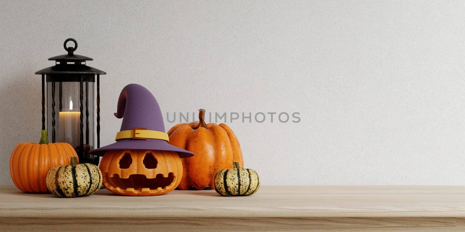 Pumpkins carved for Halloween. on the table in the home. Preparation for holiday. copy space. 3d render..