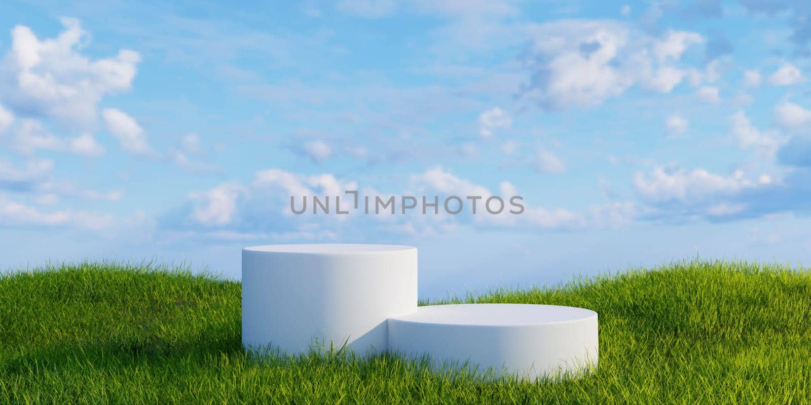 3d Green grass field with white podium. landscape scene mockup..