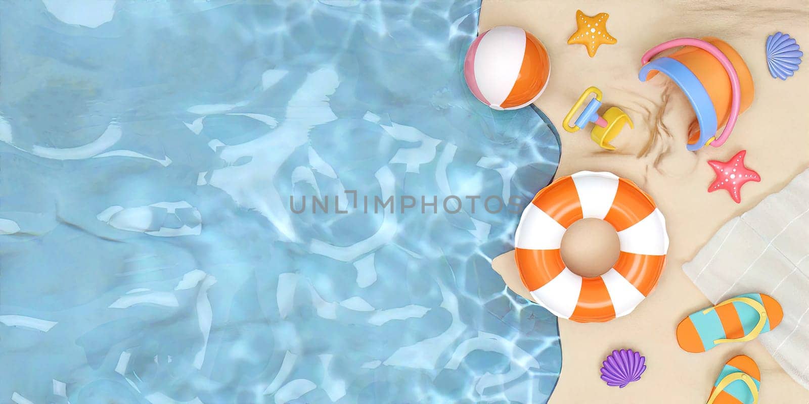 Top view on sea beach. summer vacation with beach towel, swimming ring, sandals, ball and sand bucket. Creative travel concept idea with copy space. illustration banner 3d rendering illustration by meepiangraphic