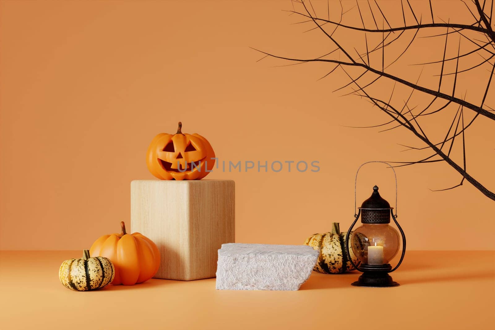 Halloween with pumpkin and empty minimal podium pedestal product display background and Halloween Elements. 3d render..