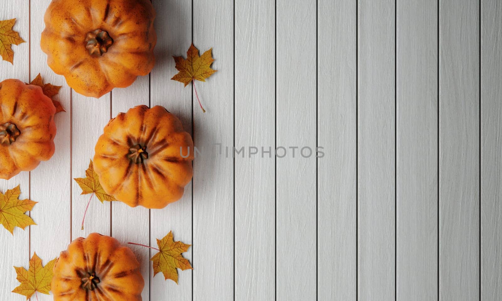 Halloween top view decoration made from autumn leaves and pumpkin on white wood background. Halloween party greeting card, Poster, headers for website mockup with copy space. 3d render..