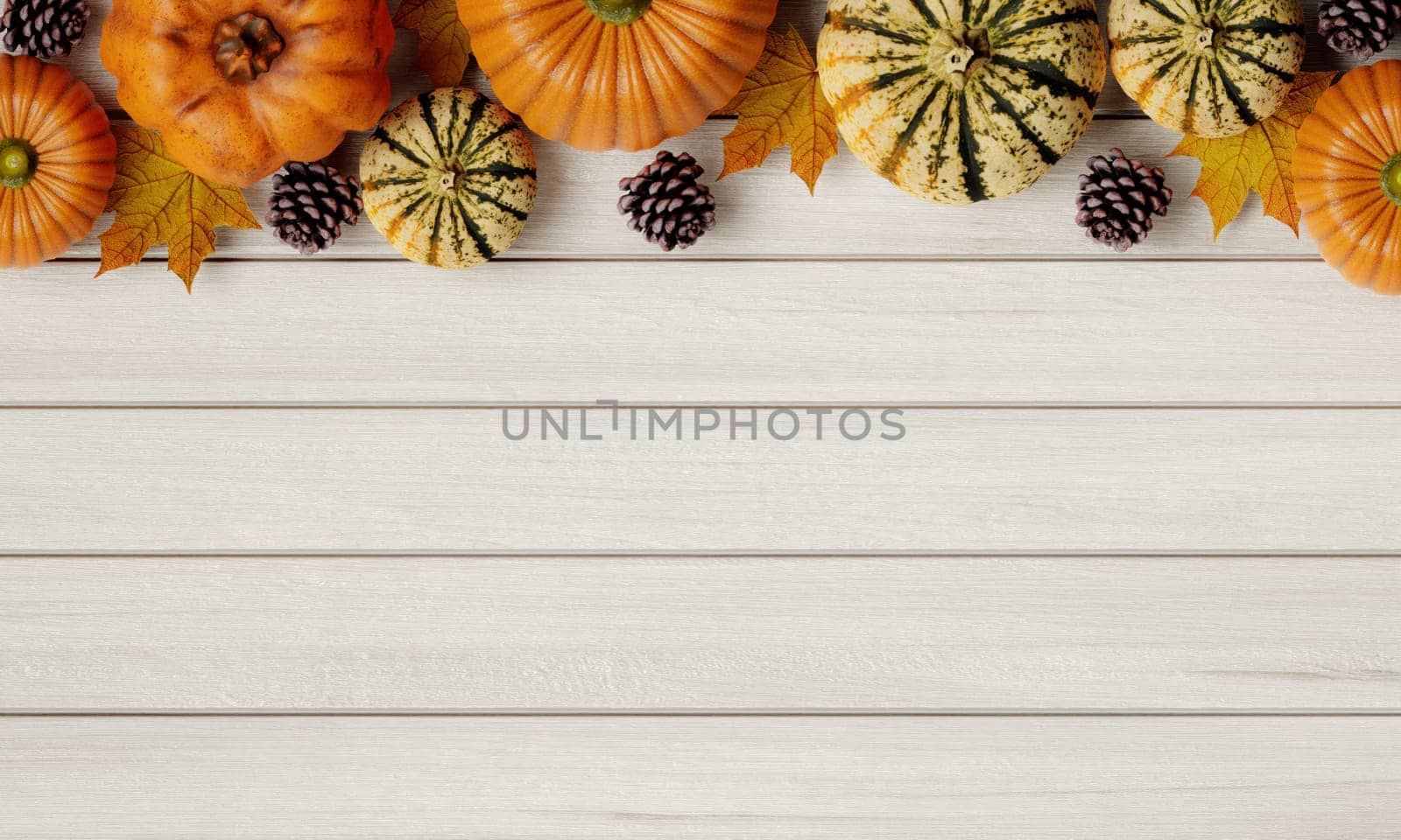 Halloween top view decoration made from autumn leaves and pumpkin on light wood background. Halloween party greeting card, Poster, headers for website mockup with copy space. 3d render..