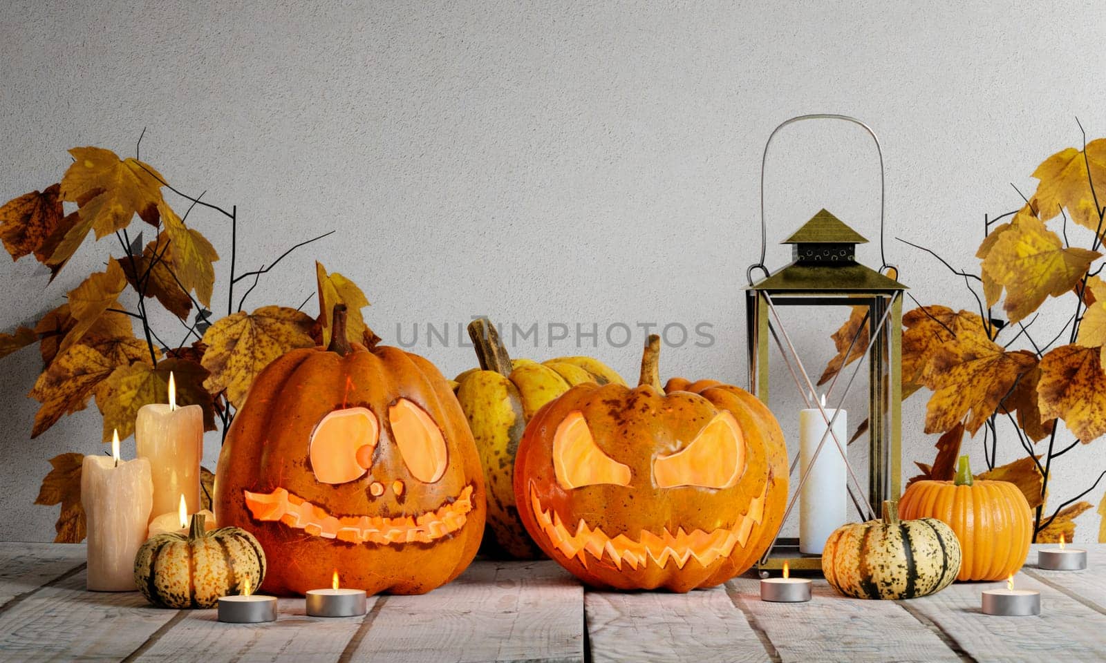 Pumpkins carved for Halloween. on the table in the home. Preparation for holiday. copy space. 3d render..