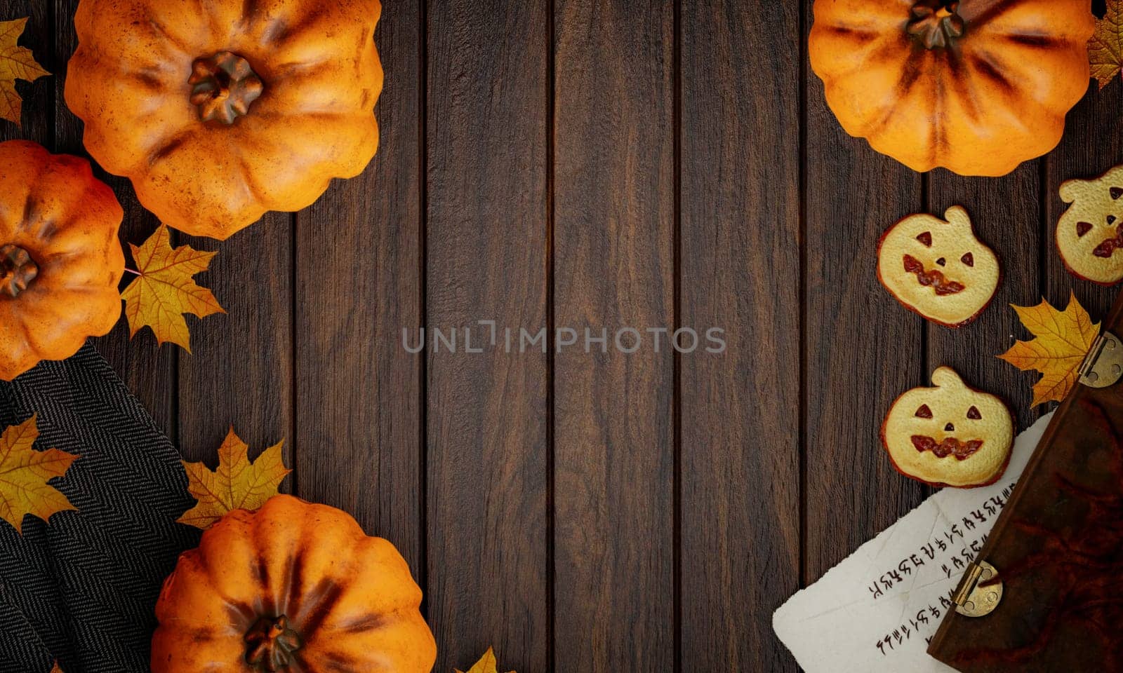 Top view Halloween concept. Decorations, pumpkins, cookies and maple leaf on wood background. Halloween party greeting card, Poster, headers for website mockup with copy space. 3d render..