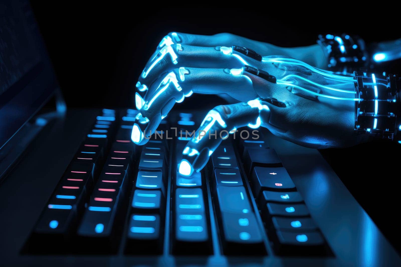 a hand of a robot typing on a laptop, chatbot robotic futuristic artificial intelligence concept. AI generative.