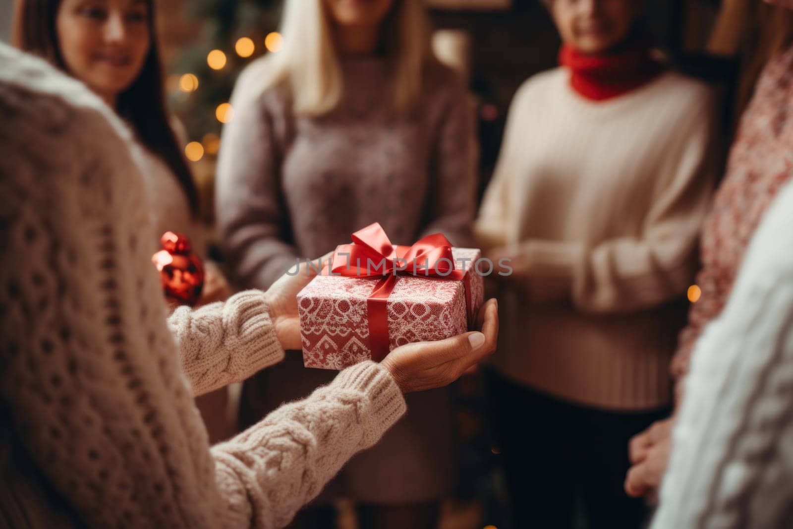 people wearing ugly sweater holding gift. Generative AI. High quality photo