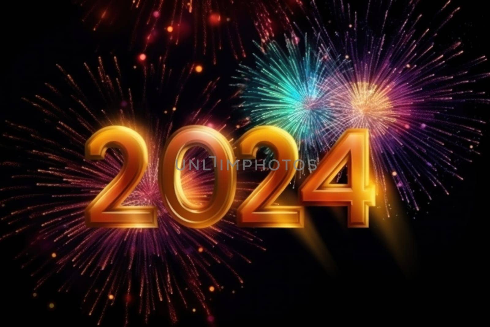 Brightly colored number 2024, happy new year on firework background. AI generative.