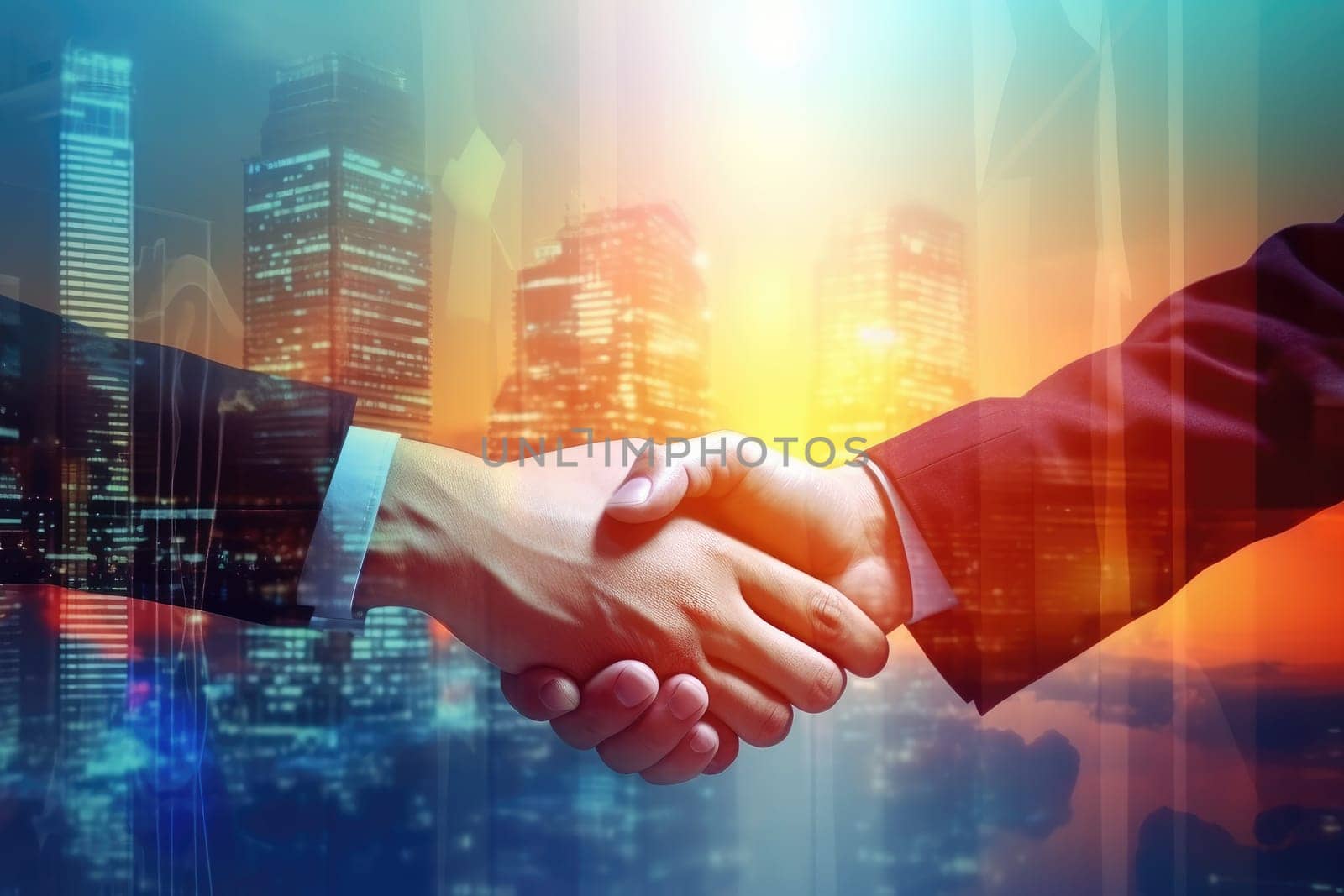 info graphic, Two businessman shake hands for teamwork on a bright office space. Generative AI.