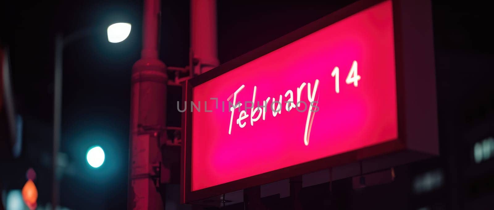 Valentines day theme with light text on billboard. Generative AI by matamnad