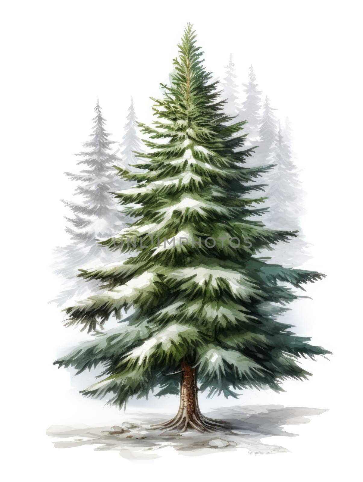 Christmas tree covered snow .isolated on white background. Generated by AI..