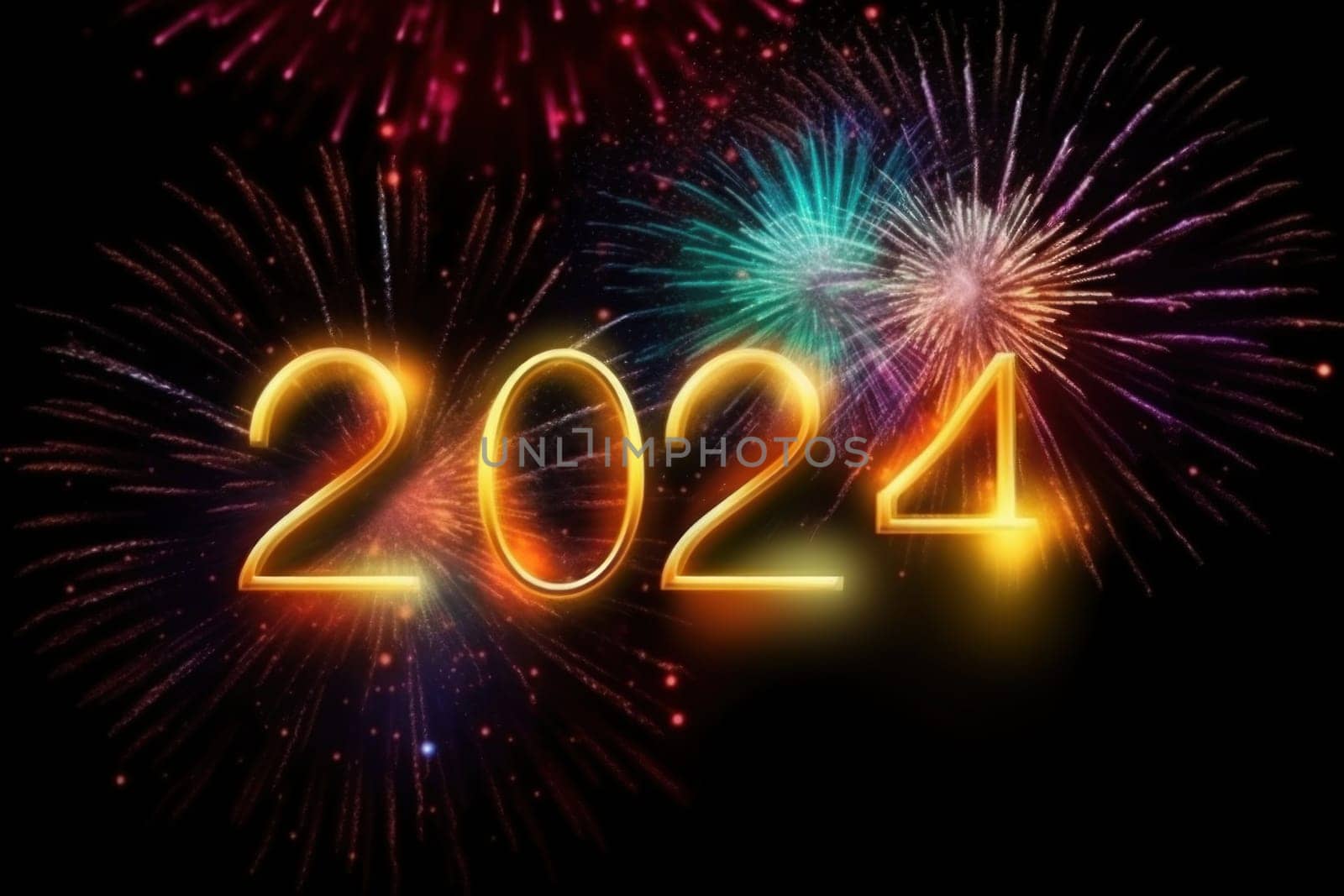 Brightly colored number 2024, happy new year on firework background. AI generative.