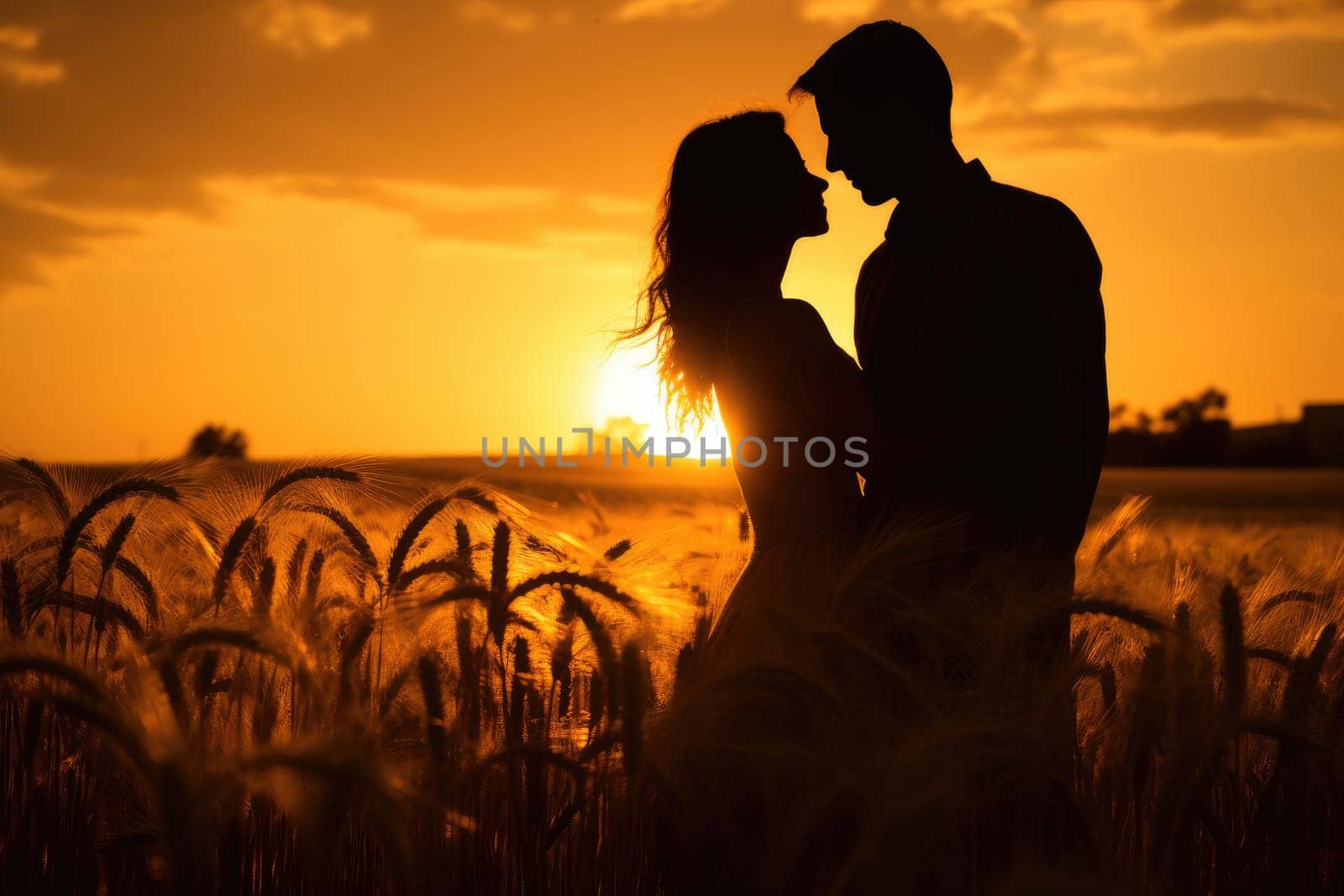 a couple of love standing in a field of wheat at sunset . generative ai.