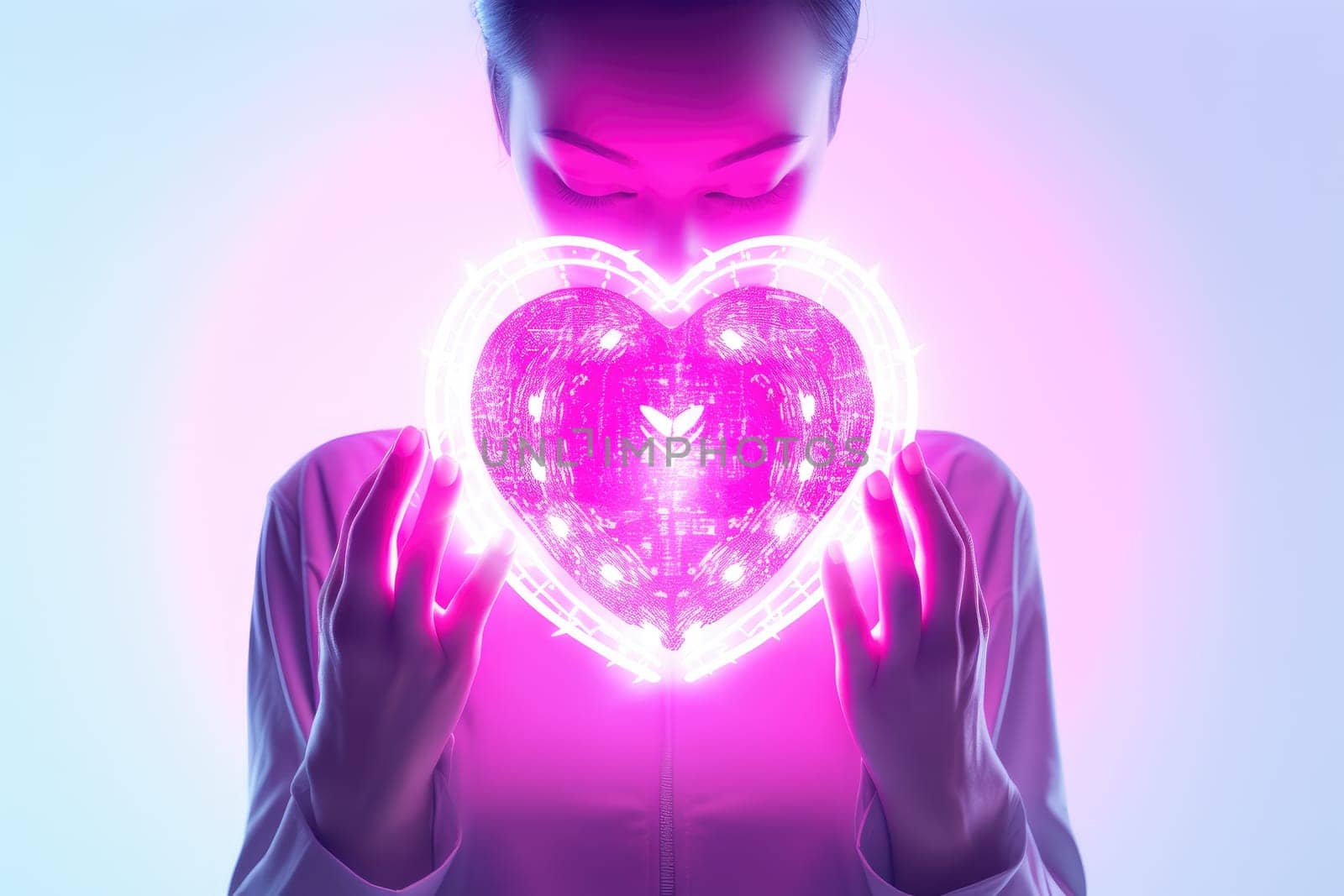 woman hold a pink neon heart. Generative AI by matamnad