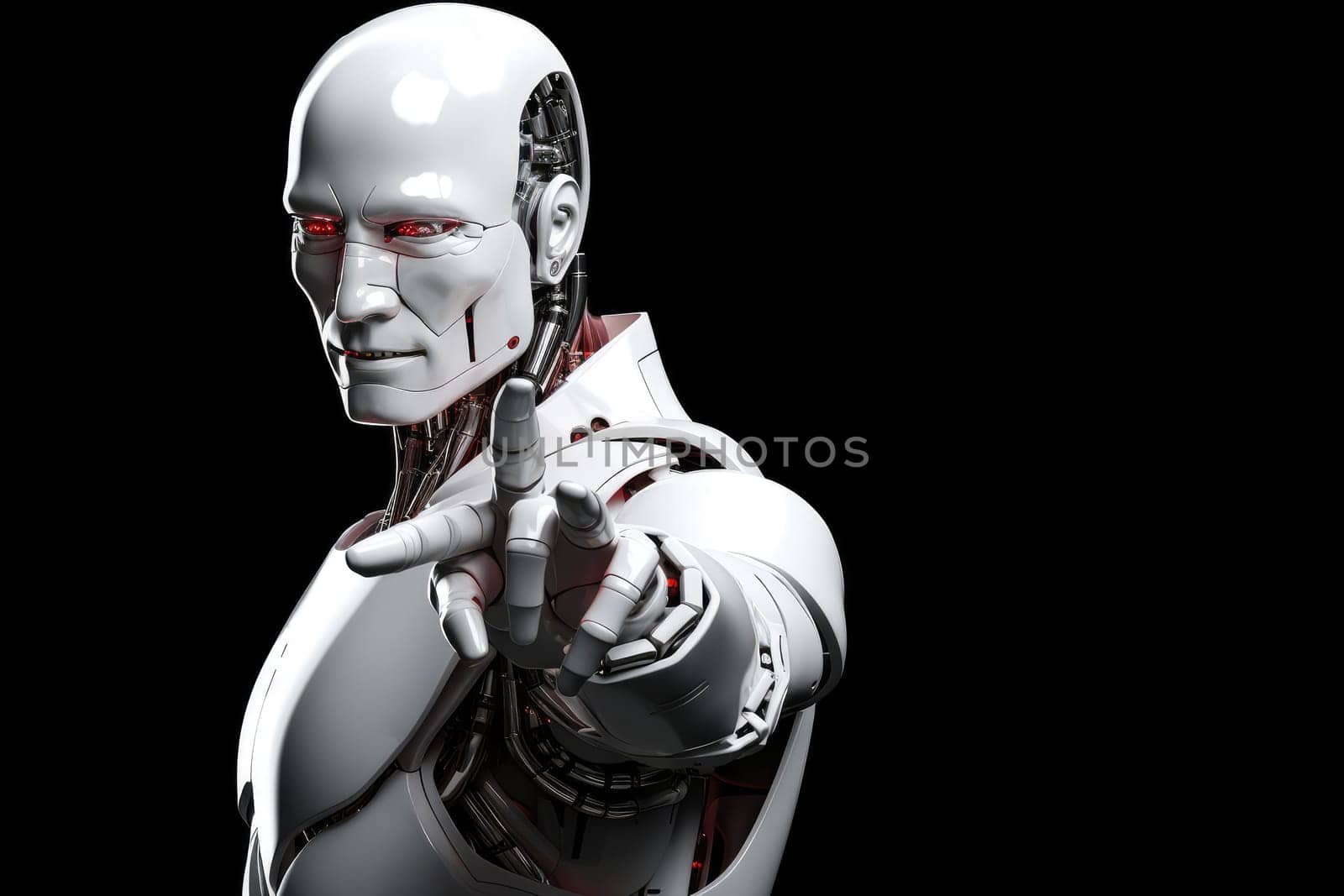 AI Android Robot Pointing Hand At Front Isolated on Transparent Background.