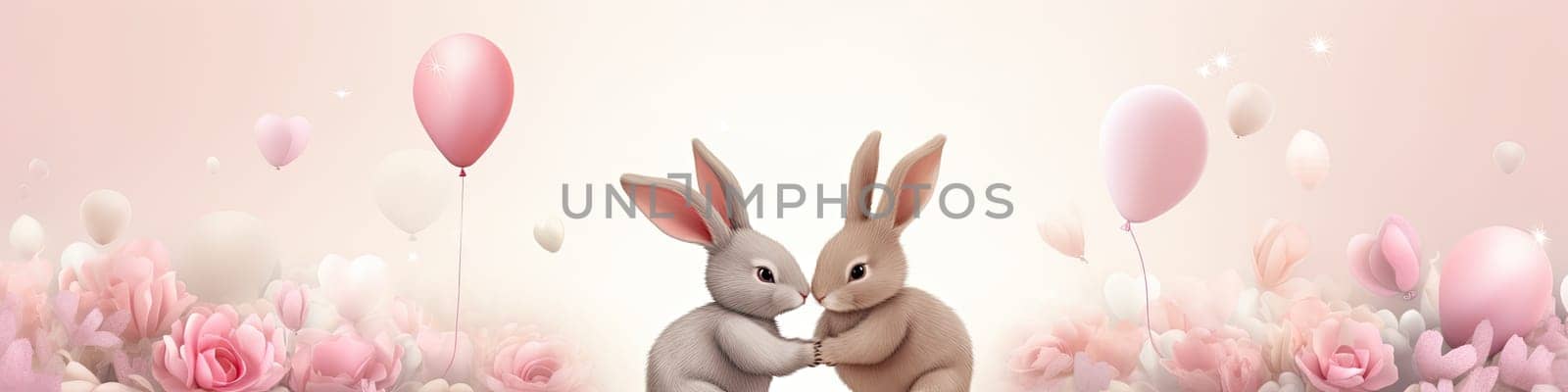 Cute couple of rabbits bunnies kissing together on an easter celebrated background with love