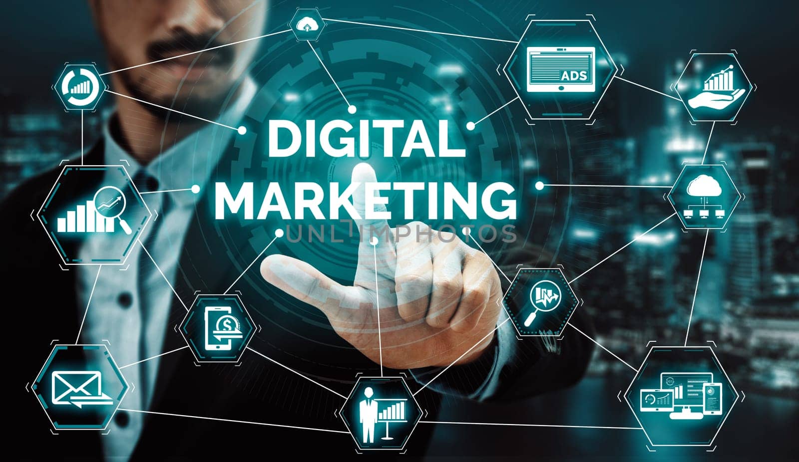 Digital Marketing Technology Solution for Online Business Concept - Graphic interface showing analytic diagram of online market promotion strategy on digital advertising platform via social media. uds