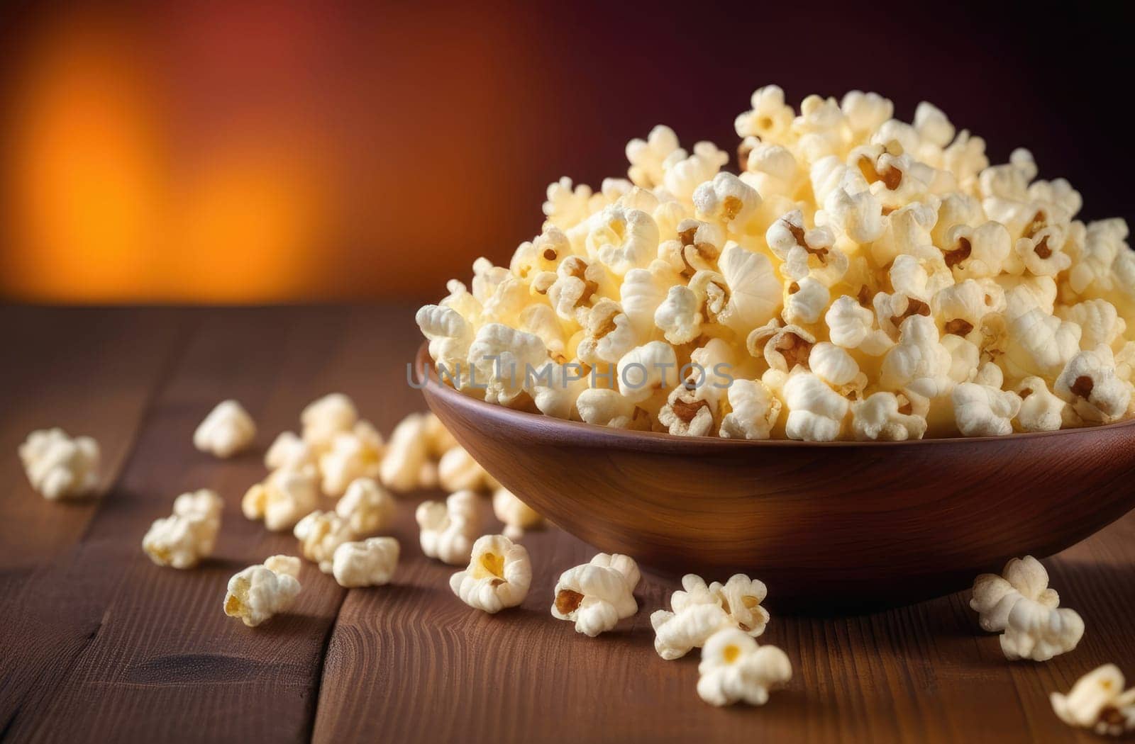 Food, popcorn. On a wooden table there is a full plate of fluffy white popcorn close-up. A little scattered on the table.