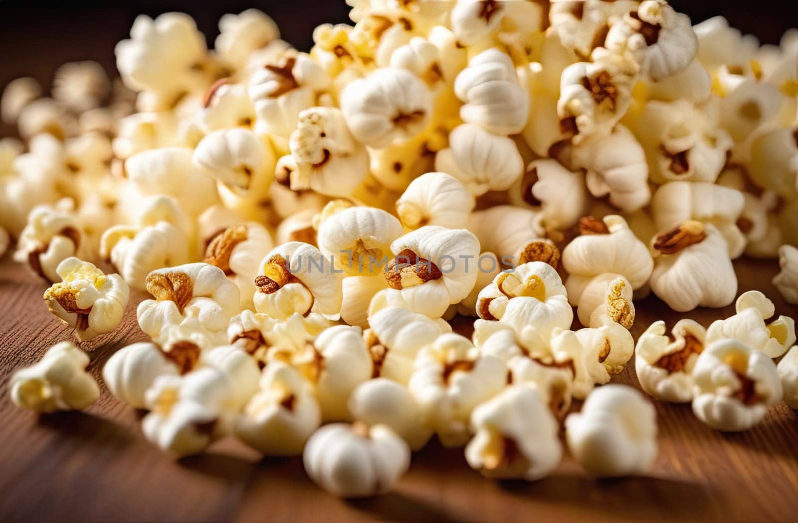 Food, popcorn. Puffed white popcorn is scattered on a wooden table, close-up. A mound of popcorn.