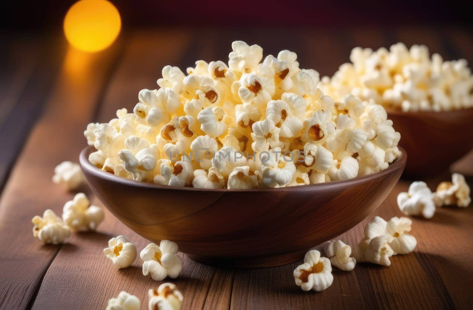 Food, popcorn. On a wooden table there is a full plate of fluffy white popcorn close-up. A little scattered on the table.