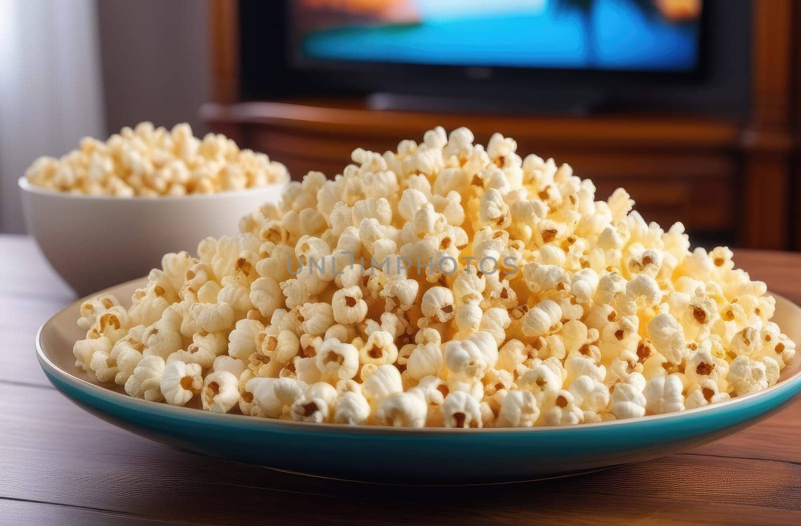 Food, popcorn. On a wooden table there is a full plate of fluffy white popcorn close-up against the background of a TV. Home interior. A little scattered on the table.