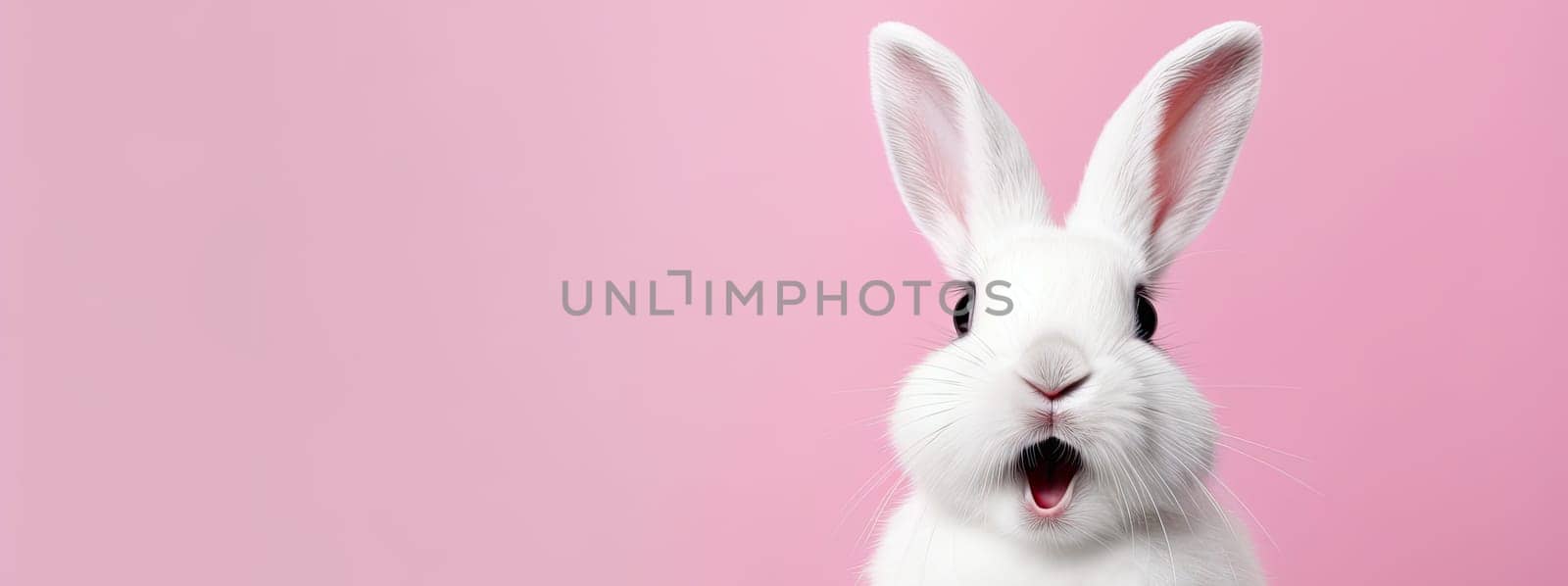 Surprised white rabbit bunny isolated on bright pink background, easter celebration concept by Kadula