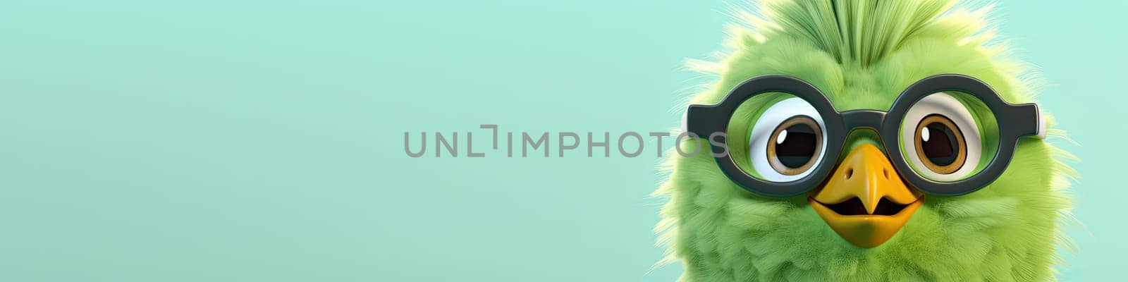 Cartoon chick with glasses on a bright, pastel green background as banner