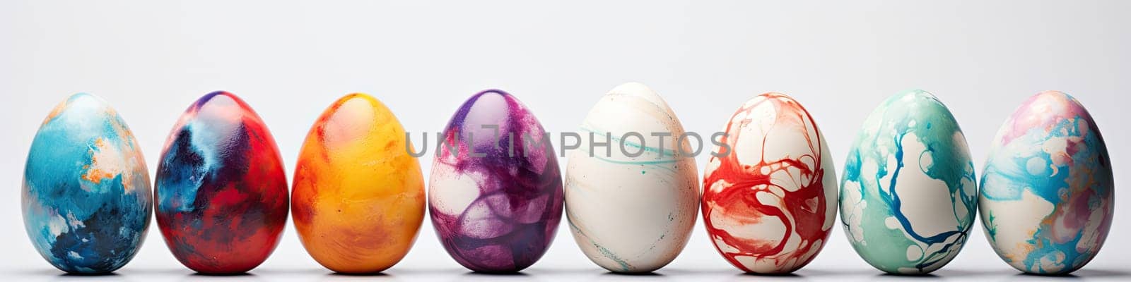 Colorful abstract easter eggs in the row isolated on the white background, easter celebration concept