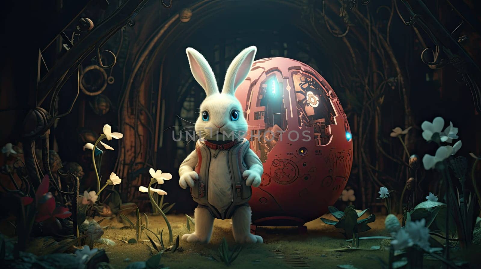 Rabbit bunny with giant future technology easter egg, futuru easter celebration concept