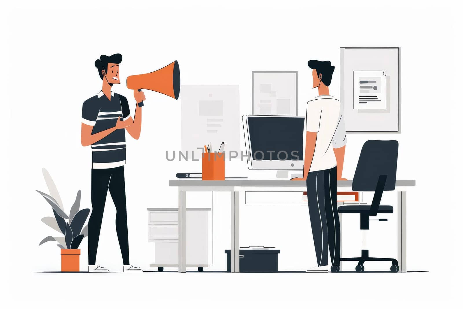 businessman shouting at each other with megaphone, Generative AI.