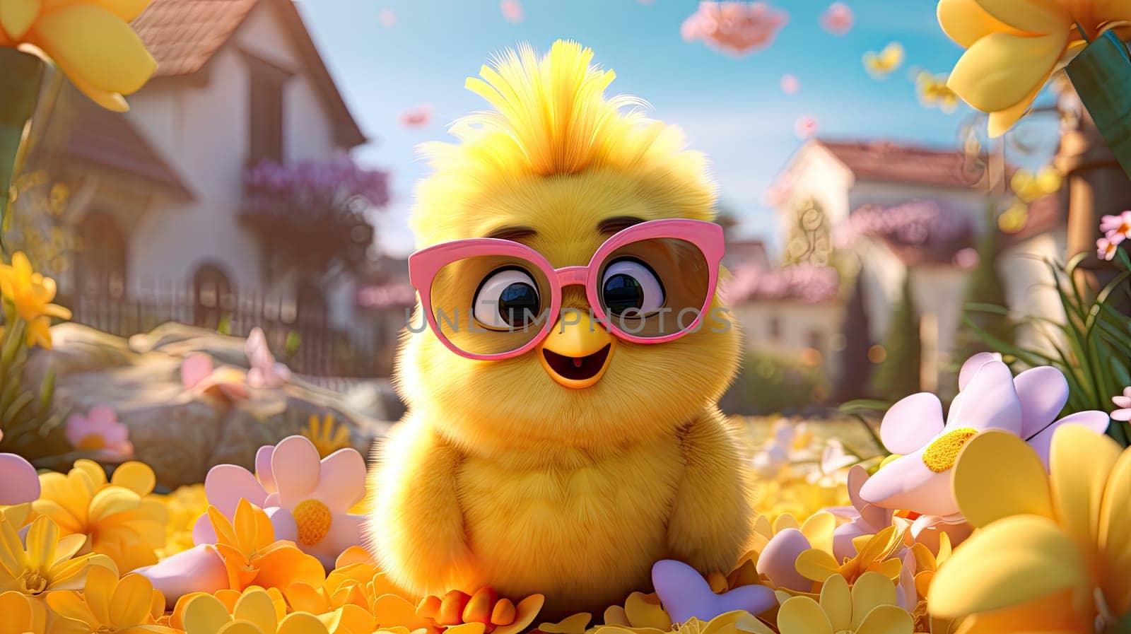 Lovely cartoon chick with an yellow flowers decoration and bright, yellow background as banner